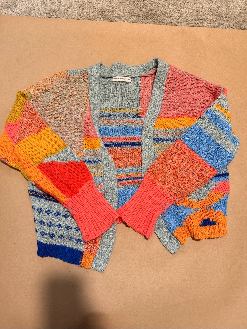 moon & madison Multicolor Patchwork Open Knit Cardigan